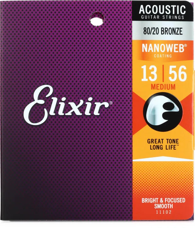 ELIXIR 11102 NANOWEB 80/20 ACOUSTIC GUITAR STRINGS - .013-.056 MEDIUM - 11102