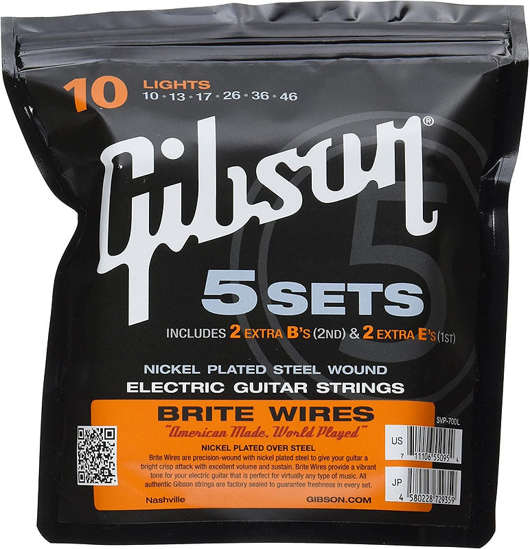 GIBSON BRITE WIRES ELECTRIC GUITAR STRINGS LIGHTS 5 PACK - SVP-700L