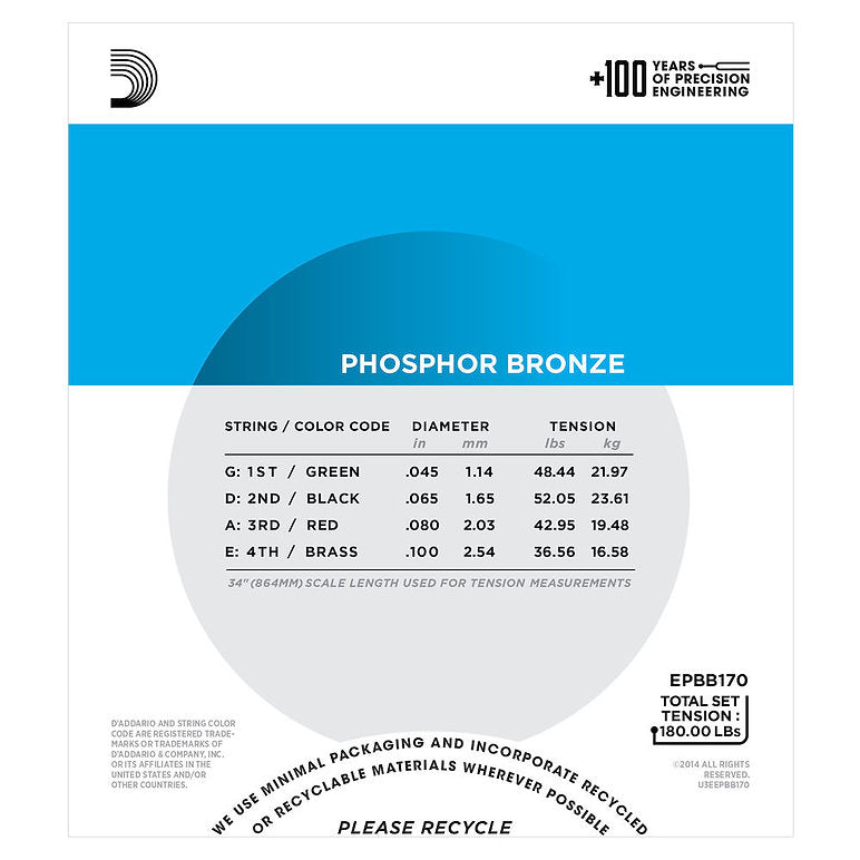 D'ADDARIO EPBB170 PHOSPHOR BRONZE ACOUSTIC BASS STRINGS, LONG SCALE, 45-100